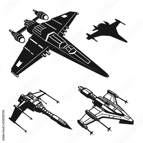 Quadro su tela Four black silhouette spaceships on white background