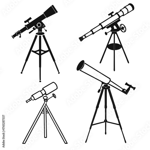 Four black silhouette telescopes on tripods astronomy