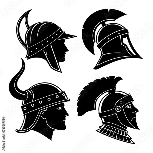 Four Black Silhouettes of Ancient Warrior Helmets roman