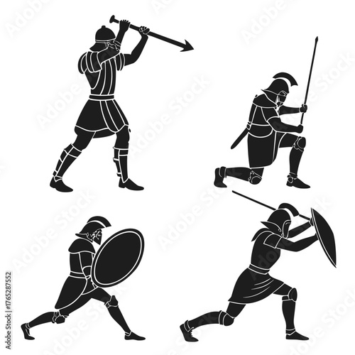 Four black silhouette warriors in ancient armor vector