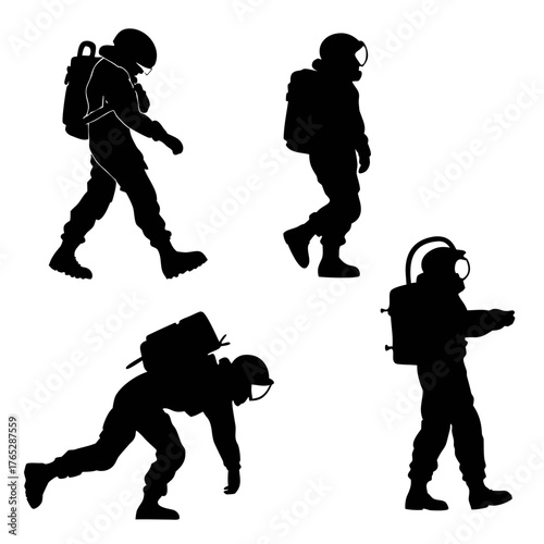 Four black silhouettes of astronauts in different poses