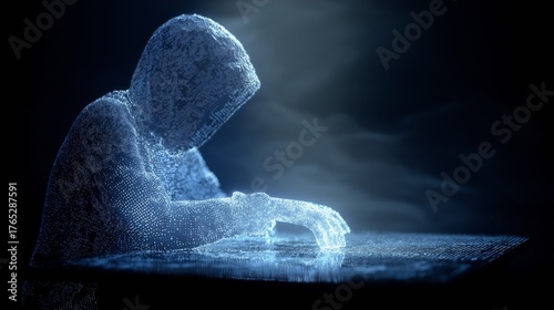 A hooded hacker made of glowing digital mesh works in a dark environment, symbolizing cybersecurity threats and data theft. The conceptual image reflects anonymity, artificial intelligence
