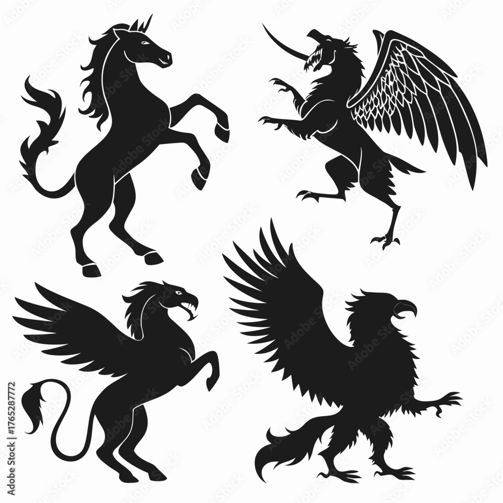 Fototapeta premium Four mythical creatures black silhouettes on white background
