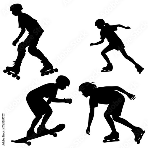 Four children silhouettes skateboarding and rollerblading