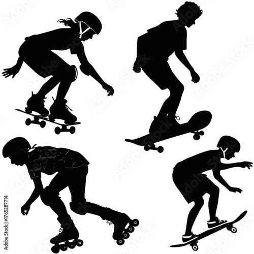 Four children silhouettes skateboarding and rollerblading 1