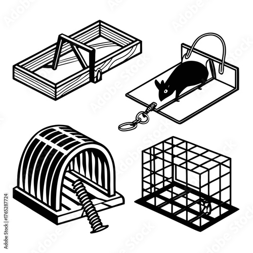 Four different mouse traps in black and white illustration