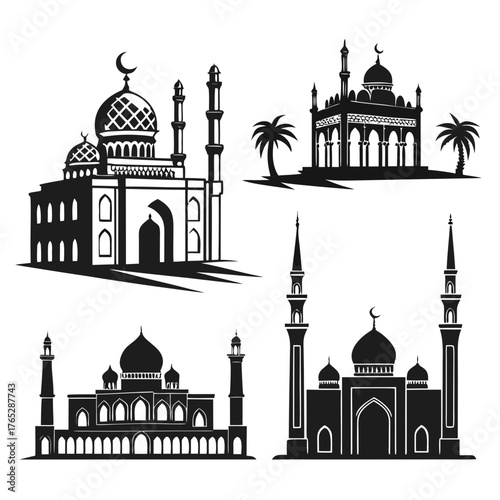 Four Islamic mosque silhouettes with domes and minarets