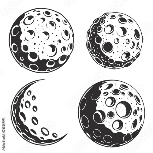 Four stylized moons with craters and phases lunar space