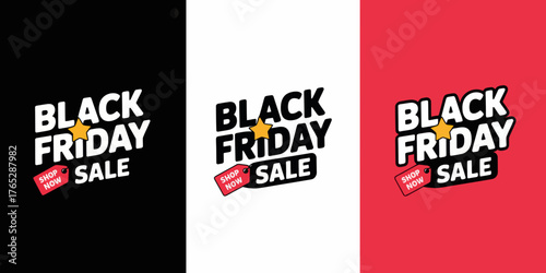 Three black friday sale promotional banners with shop now tags and star icons in black white and red