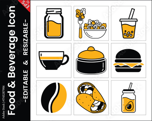 Assorted Food And Drink Icons Vector Illustration Black And Gold Editable Graphics