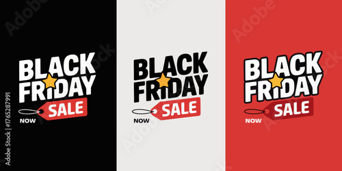 Three black friday sale designs with a star on black white and red backgrounds showing now sale tag design