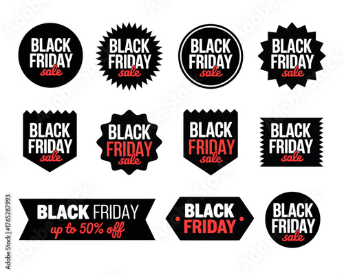 Collection of black friday sale stickers and banners in various shapes and designs on a white background