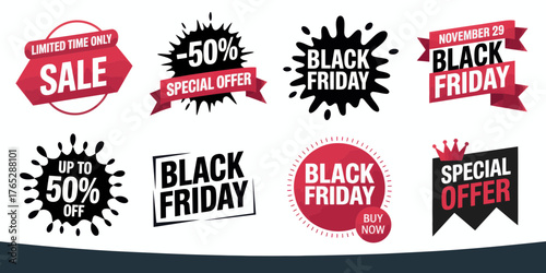 Collection of black friday sale badges and labels with special offers and limited time only deals here