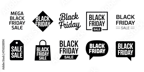 Collection of black friday sale promotional designs in various shapes and styles for marketing use
