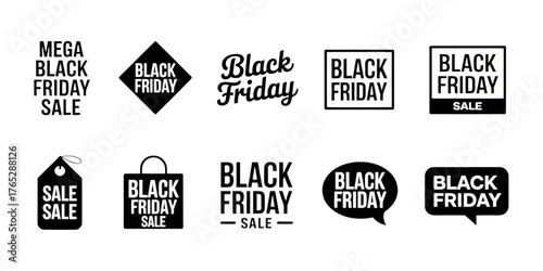 Collection of black friday sale vector designs featuring various shapes and typography in black and white