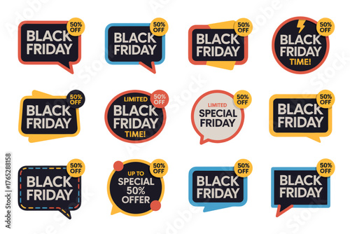 Collection of twelve black friday sale stickers with fifty percent off offers in various shapes and designs