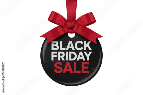 A black friday sale tag with a red ribbon on top hanging against a plain white studio background view