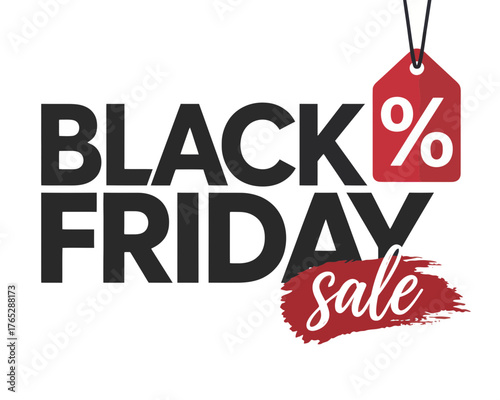 Black friday sale advertisement with percentage tag and red brush stroke for promotional marketing event