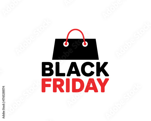 Black friday sale graphic with a shopping bag and text in black and red on a white background design here