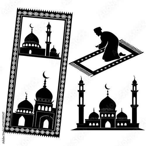 Islamic prayer rug with mosque and kneeling man silhouette