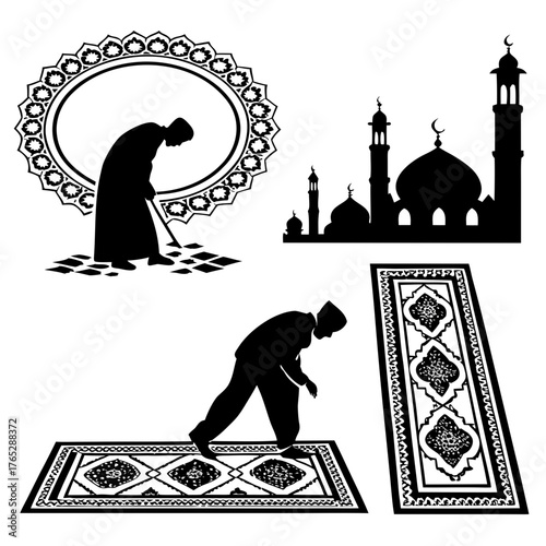 Islamic prayer scene with mosque and prayer rugs muslim