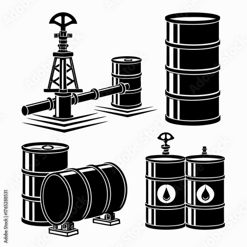 Oil barrels and drilling rig equipment black and white icons