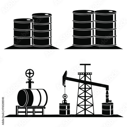 Oil barrels pumpjack and storage tank icons petroleum