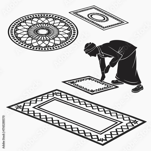 Person arranging prayer rugs and circular mat Islamic