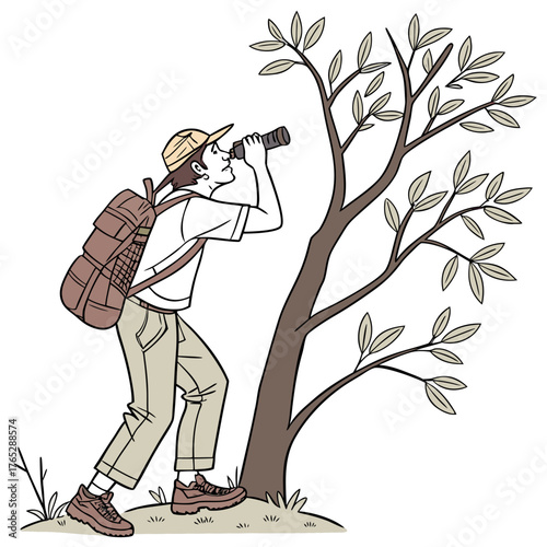 Person with backpack looking through binoculars at tree