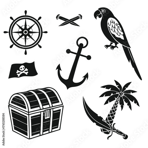 Pirate themed black silhouette icons on white background