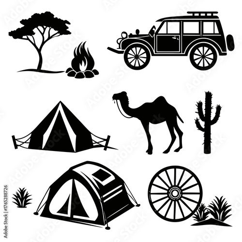 Silhouette desert safari elements including camel tent and vintage car
