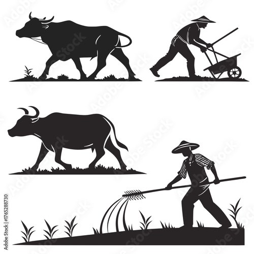 Silhouette farmer with buffalo and farm tools agriculture
