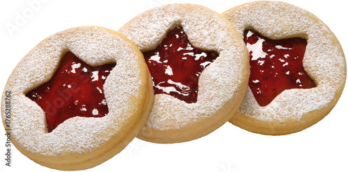 Three Traditional Christmas Linzer Cookies Isolated on transparent background
