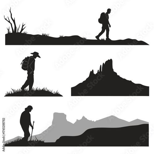 Silhouette hikers and mountain landscapes backpacker