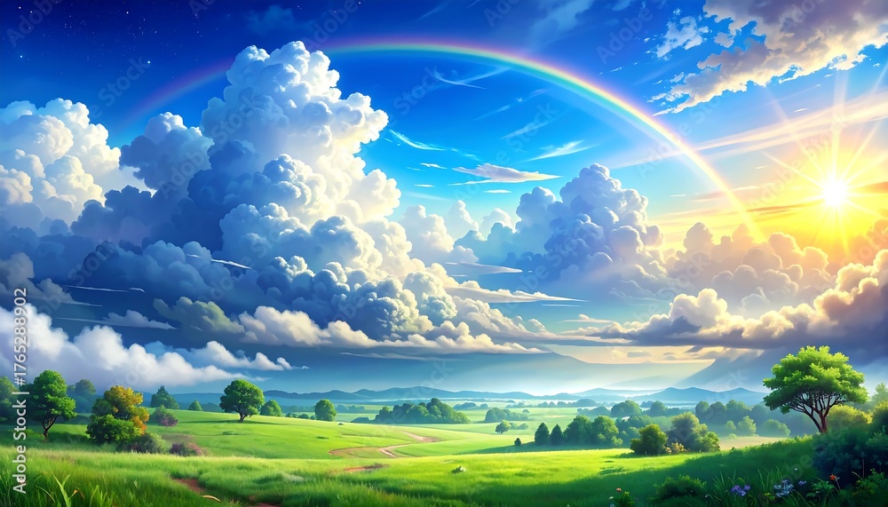 Naklejka premium Majestic rainbow over vibrant green hills under a brilliant blue sky with fluffy clouds and a radiant sun, creating a breathtaking and serene natural dreamscape