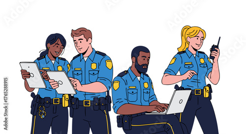 Modern police officers using technology to improve public safety and law enforcement, utilizing tablets and laptops for efficiency and communication