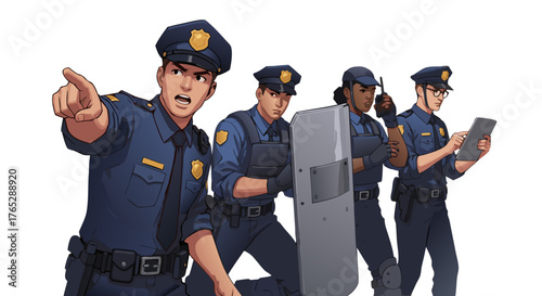 Law enforcement officers in uniform, a team of police officers preparing for duty, one pointing forward while others stand ready with protective gear