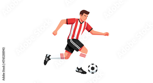 Young male athlete playing soccer with ball at feet on white background, dynamic action shot