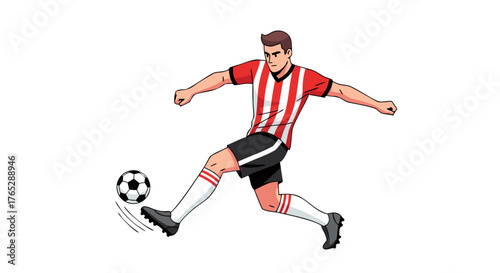 Dynamic illustration of a male soccer player in action, kicking a soccer ball with precision and agility on a white background, highlighting the thrill of the game