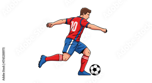 Dynamic illustration of a male soccer player in a red and blue uniform dribbling and kicking a soccer ball during a game
