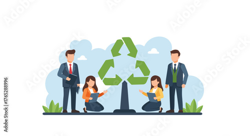Eco-friendly Business Concept Colleagues Collaborate on Sustainability Initiatives Under a Recycling Symbol Tree