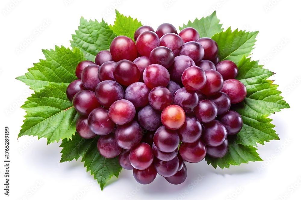 Fototapeta premium Fresh ripe red seedless grapes with green leaves on a white background