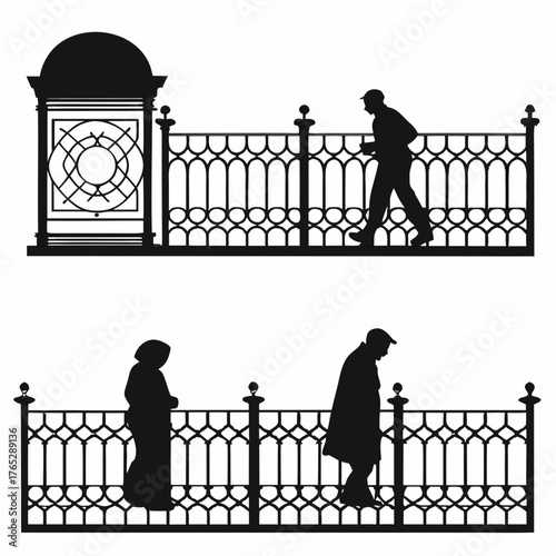 Silhouettes of people on a decorative railing with a clock tower