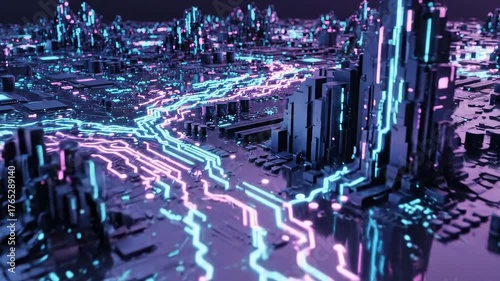 Cyberpunk Futuristic Cityscape with Glowing Data Flow Lines Digital Network Technology Background Abstract 3D Render