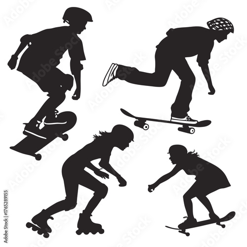 Silhouettes of people skateboarding and rollerblading