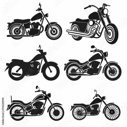 Six Black Motorcycle Silhouettes on White Background