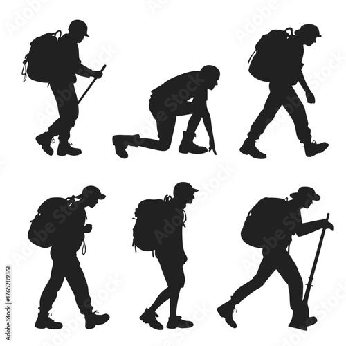 Six black silhouettes of hikers with backpacks and poles