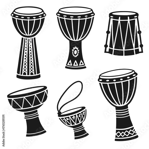 Six Black Tribal Drums on White Background djembe darbuka