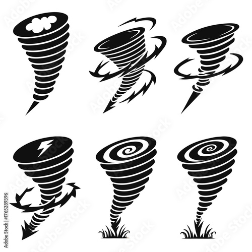 Six black tornado icons with lightning and clouds cyclone