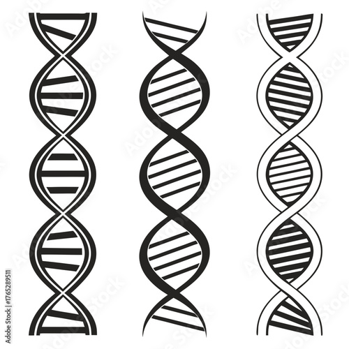 Three black and white D N A double helix icons science